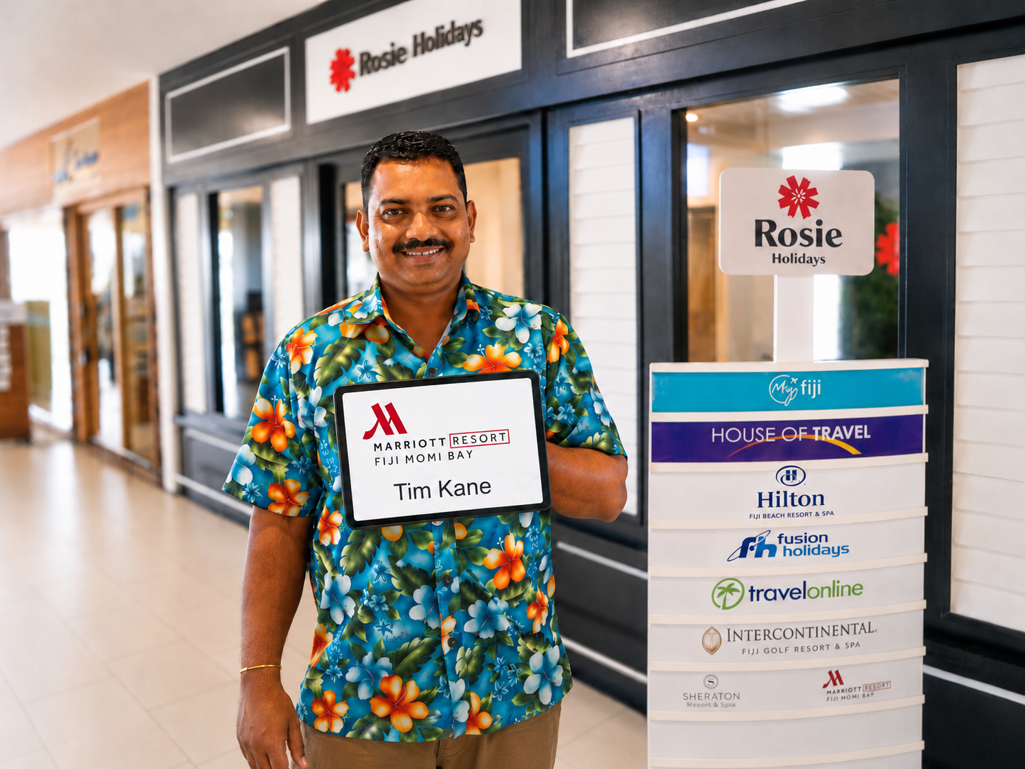 Rosie Holidays driver concierge with Marriott welcome sign at Nadi Airport